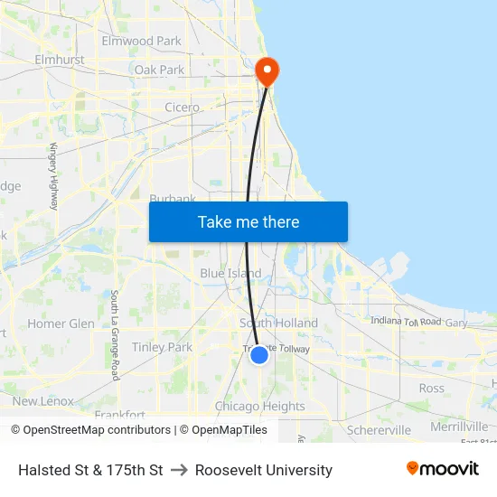 Halsted St & 175th St to Roosevelt University map