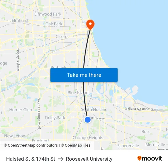 Halsted St & 174th St to Roosevelt University map