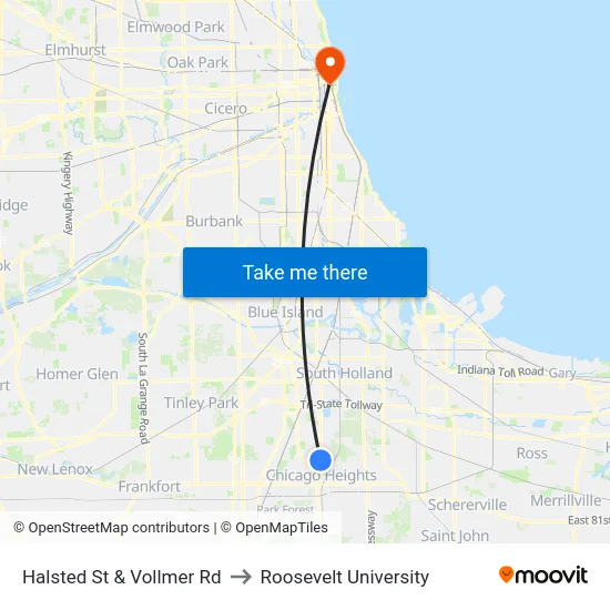 Halsted St & Vollmer Rd to Roosevelt University map