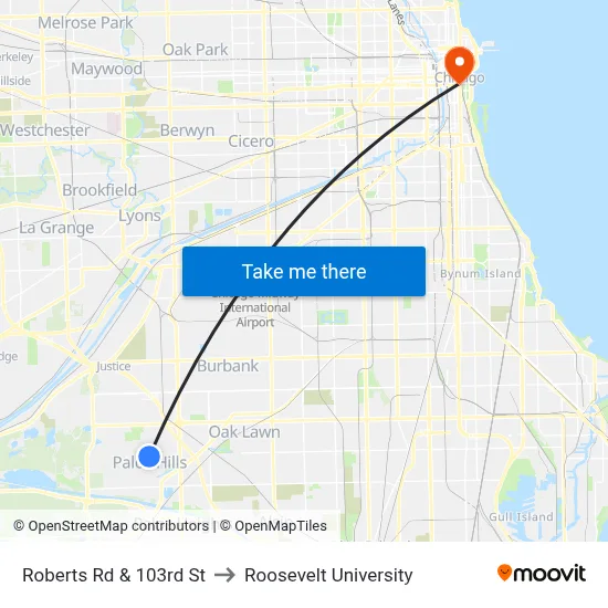 Roberts Rd & 103rd St to Roosevelt University map