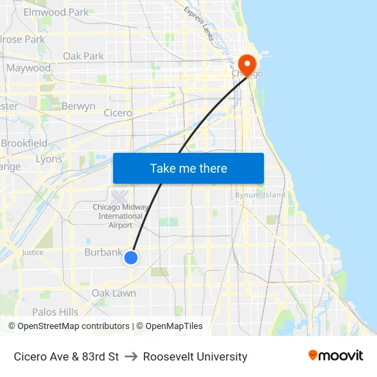 Cicero Ave & 83rd St to Roosevelt University map
