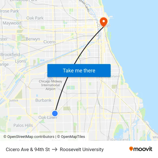Cicero Ave & 94th St to Roosevelt University map