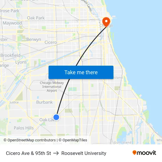 Cicero Ave & 95th St to Roosevelt University map