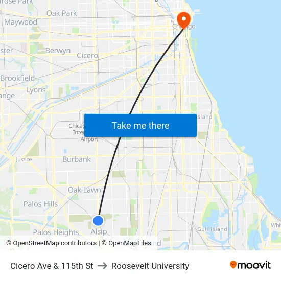 Cicero Ave & 115th St to Roosevelt University map