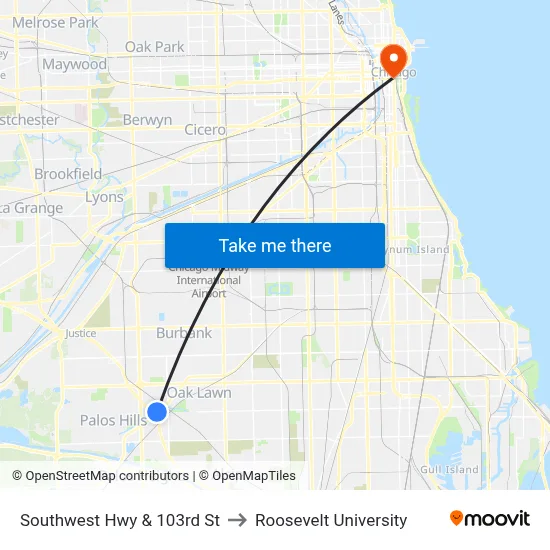 Southwest Hwy & 103rd St to Roosevelt University map