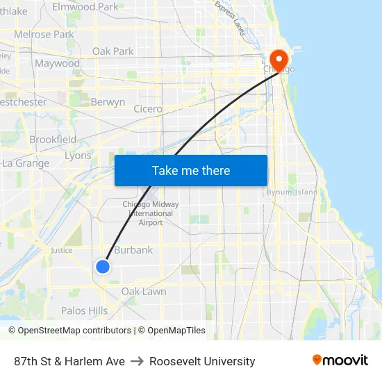87th St & Harlem Ave to Roosevelt University map
