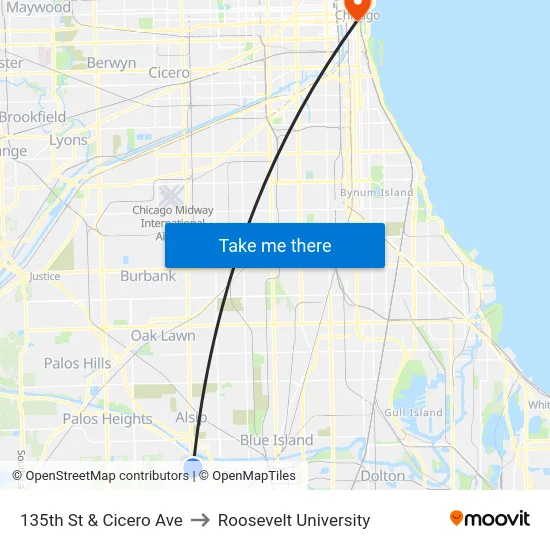 135th St & Cicero Ave to Roosevelt University map