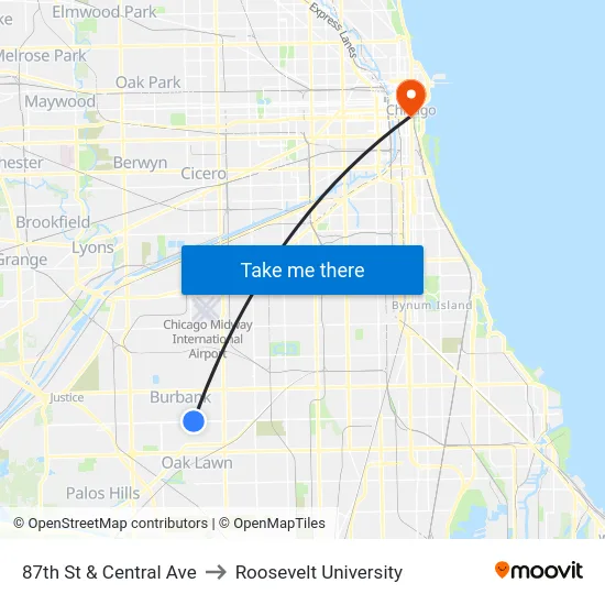 87th St & Central Ave to Roosevelt University map