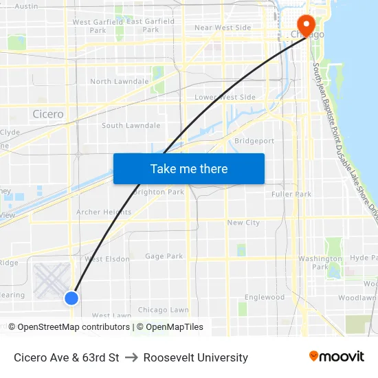 Cicero Ave & 63rd St to Roosevelt University map