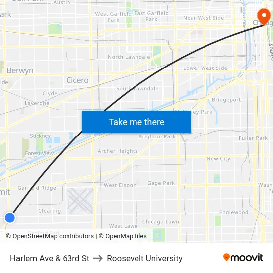 Harlem Ave & 63rd St to Roosevelt University map