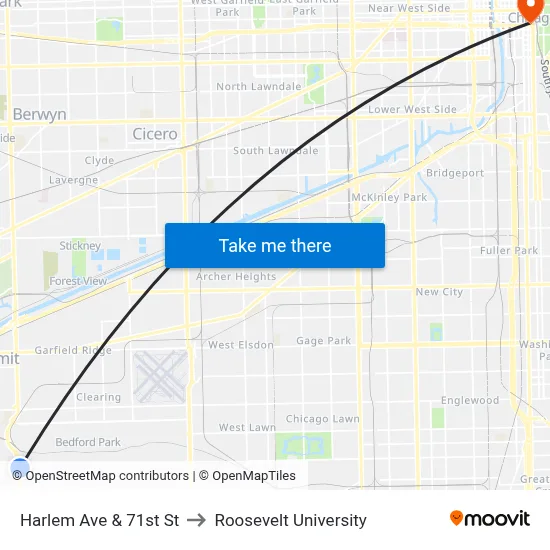 Harlem Ave & 71st St to Roosevelt University map