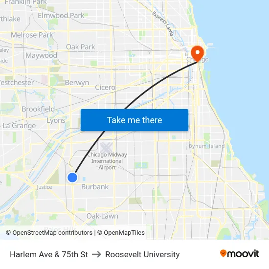 Harlem Ave & 75th St to Roosevelt University map