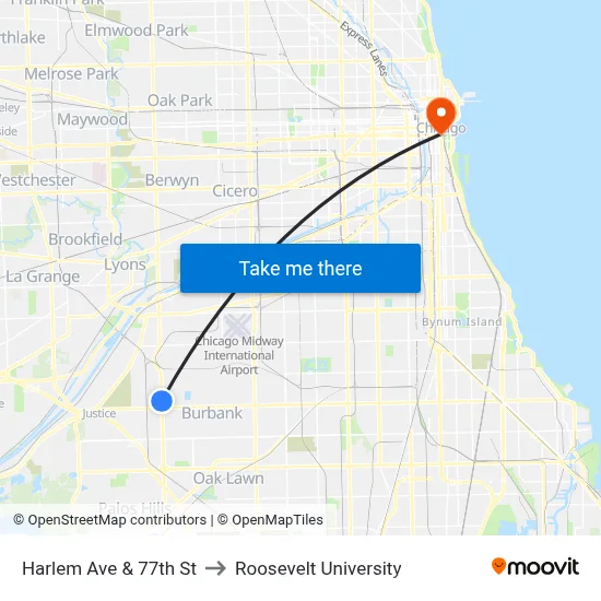 Harlem Ave & 77th St to Roosevelt University map