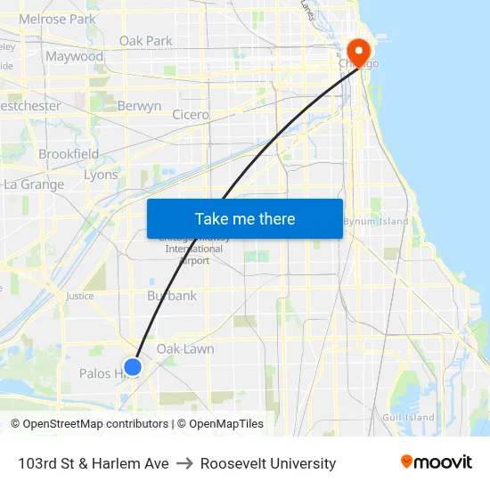 103rd St & Harlem Ave to Roosevelt University map