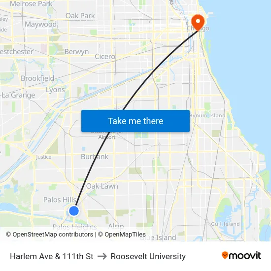 Harlem Ave & 111th St to Roosevelt University map