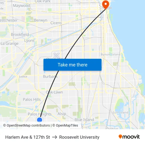 Harlem Ave & 127th St to Roosevelt University map