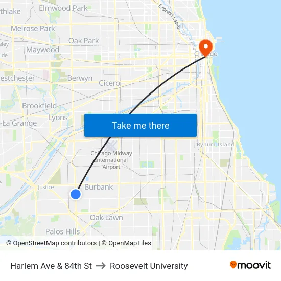 Harlem Ave & 84th St to Roosevelt University map
