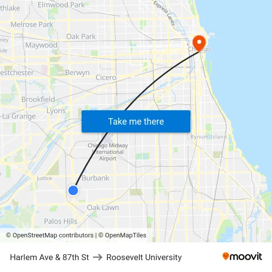 Harlem Ave & 87th St to Roosevelt University map