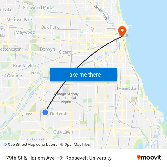 79th St & Harlem Ave to Roosevelt University map