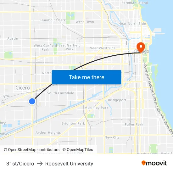 31st/Cicero to Roosevelt University map
