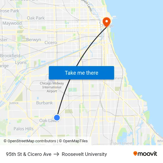 95th St & Cicero Ave to Roosevelt University map