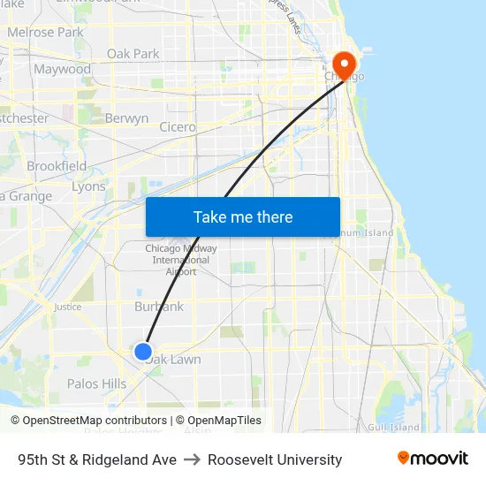 95th St & Ridgeland Ave to Roosevelt University map