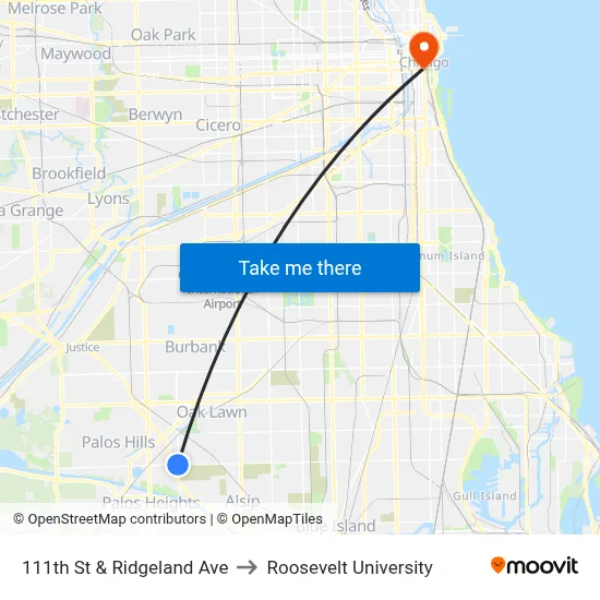111th St & Ridgeland Ave to Roosevelt University map