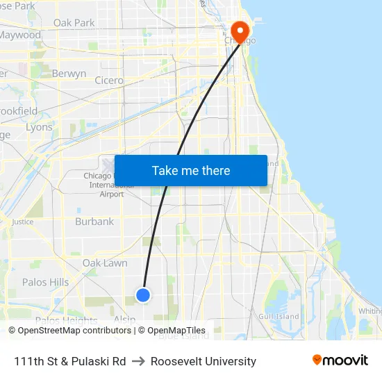 111th St & Pulaski Rd to Roosevelt University map