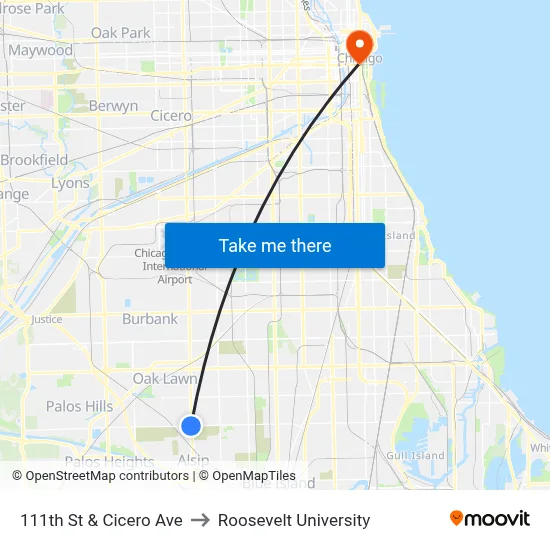 111th St & Cicero Ave to Roosevelt University map