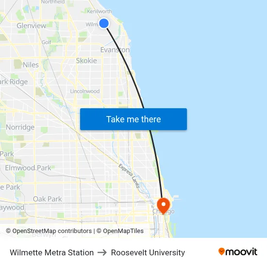 Wilmette Metra Station to Roosevelt University map