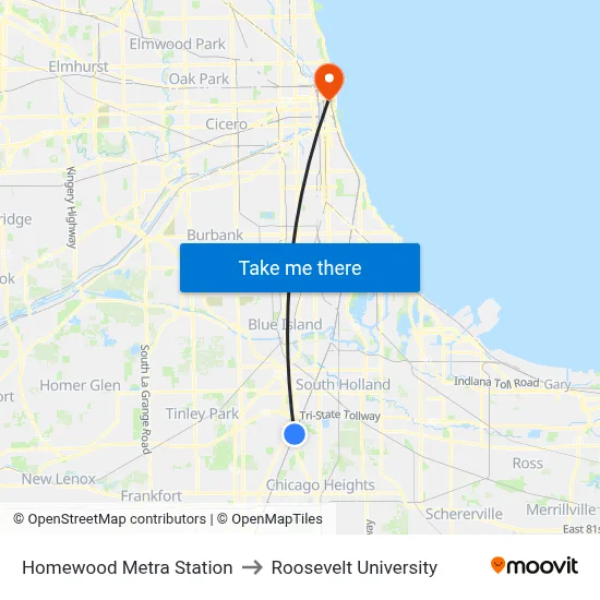 Homewood Metra Station to Roosevelt University map