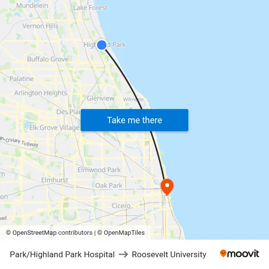 Park/Highland Park Hospital to Roosevelt University map