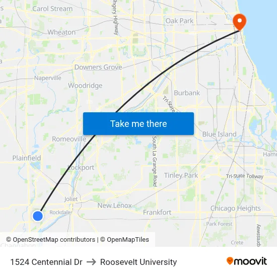 1524 Centennial Dr to Roosevelt University map