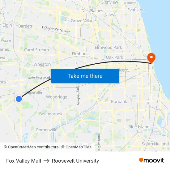 Fox Valley Mall to Roosevelt University map