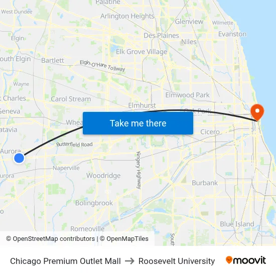 Chicago Premium Outlet Mall to Roosevelt University map
