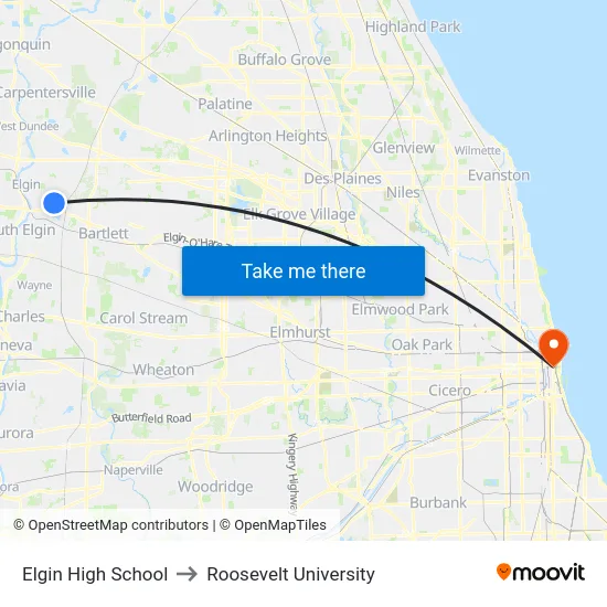 Elgin High School to Roosevelt University map