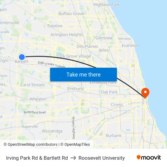 Irving Park Rd & Bartlett Rd to Roosevelt University map