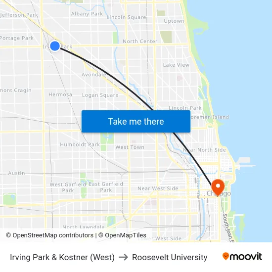 Irving Park & Kostner (West) to Roosevelt University map