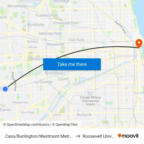 Cass/Burlington/Westmont Metra Station to Roosevelt University map
