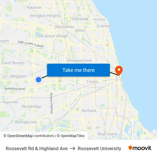 Roosevelt Rd & Highland Ave to Roosevelt University map
