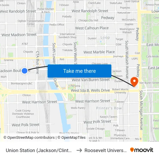 Union Station (Jackson/Clinton) to Roosevelt University map