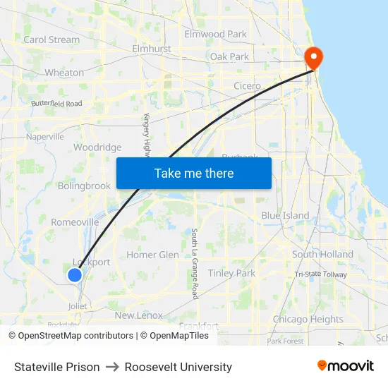 Stateville Prison to Roosevelt University map