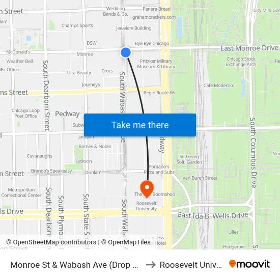 Monroe St & Wabash Ave (Drop Off Only) to Roosevelt University map