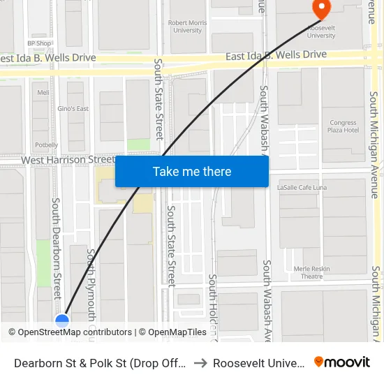 Dearborn St & Polk St (Drop Off Only) to Roosevelt University map