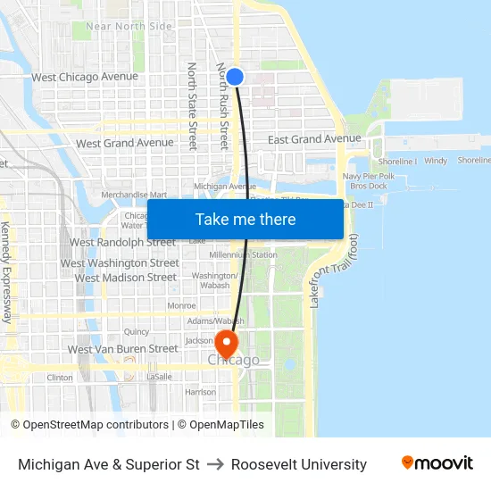 Michigan Ave & Superior St to Roosevelt University map
