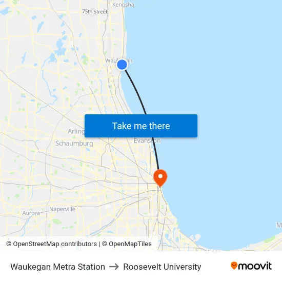 Waukegan Metra Station to Roosevelt University map