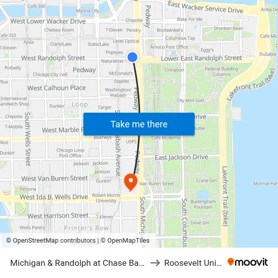 Michigan & Randolph at Chase Bank (Chicago) to Roosevelt University map