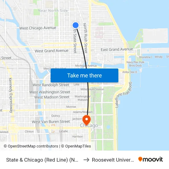 State & Chicago (Red Line) (North) to Roosevelt University map