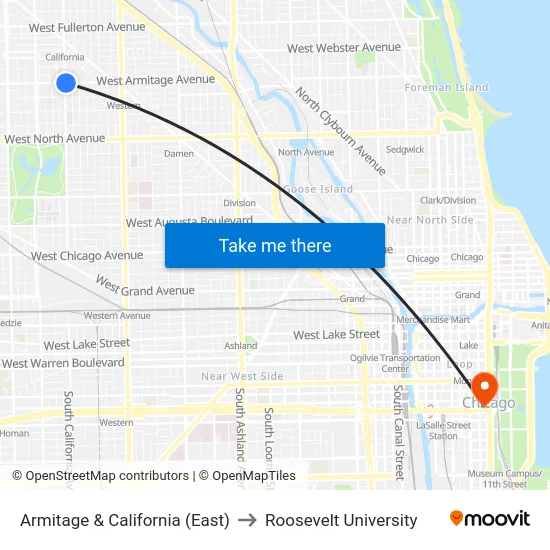 Armitage & California (East) to Roosevelt University map