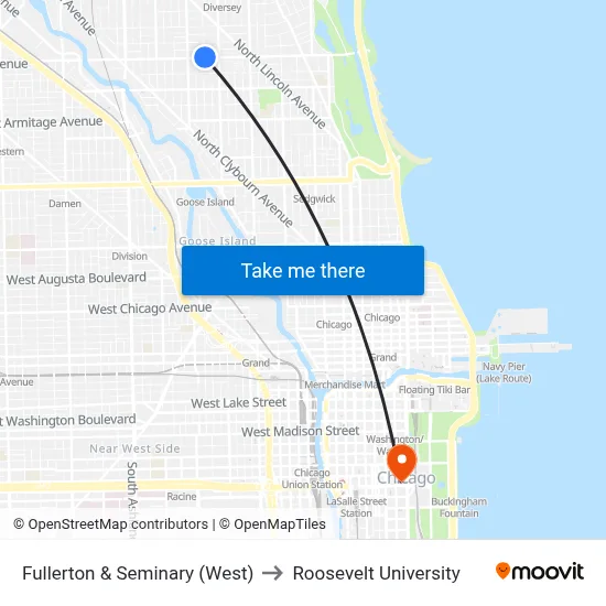 Fullerton & Seminary (West) to Roosevelt University map